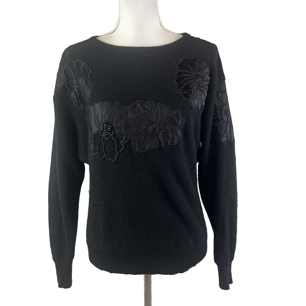 Vintage Lindsey Blake Sweater sz Medium Black Wool Angora Rabbit Floral Beading